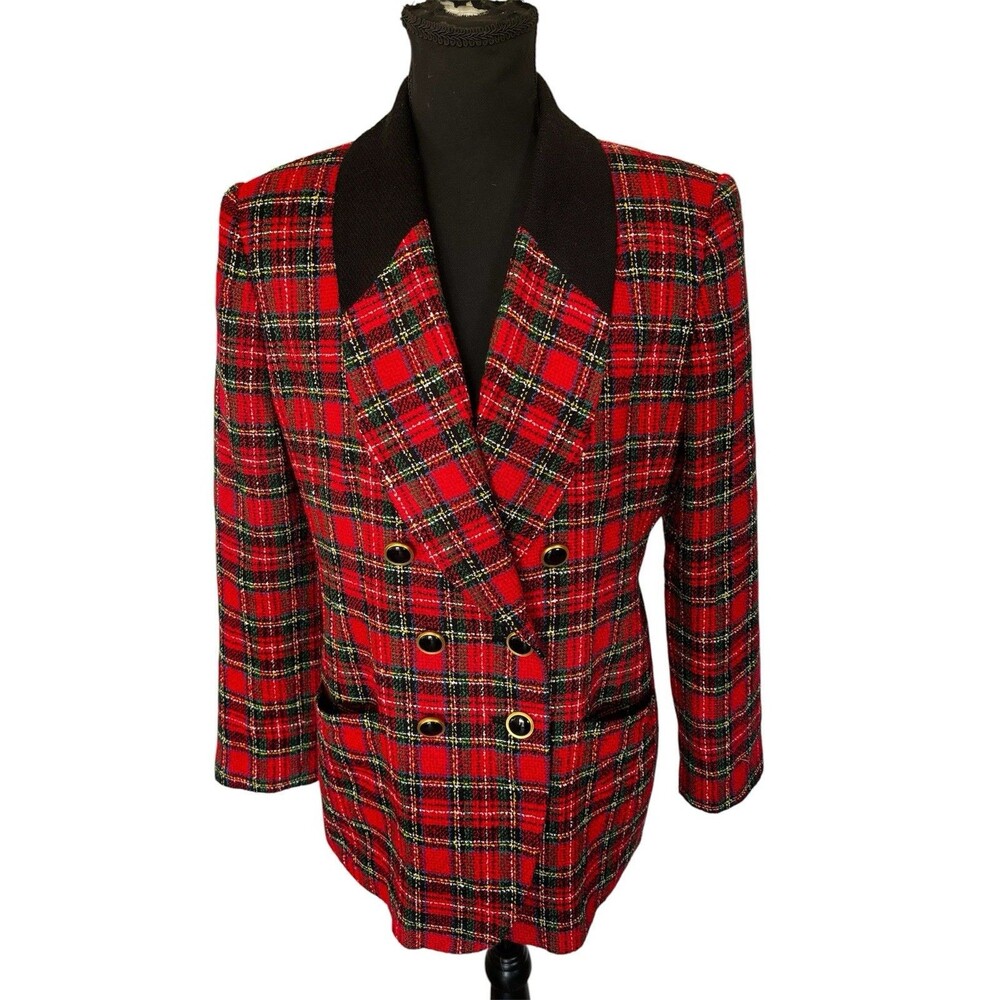 Vtg Red Plaid Glam Working Girl Blazer Holidays Traditional Double Breasted 12p